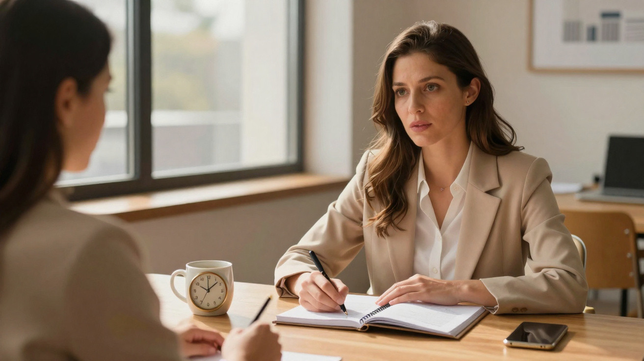 Duas mulheres numa reunião de trabalho numa sala iluminada, uma tomando notas e outra de costas.