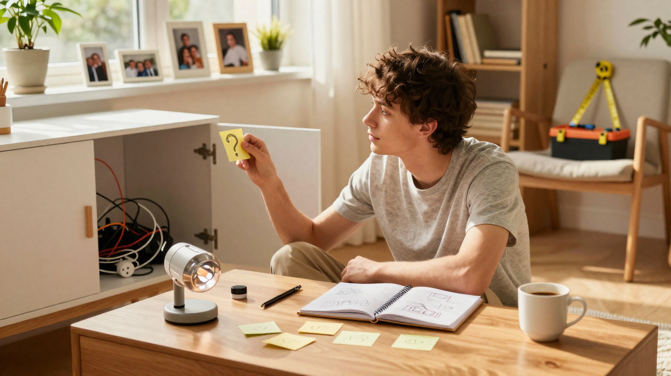 Jovem sentado a organizar post-its com símbolos junto a uma secretária e uma copa aberta com cabos.