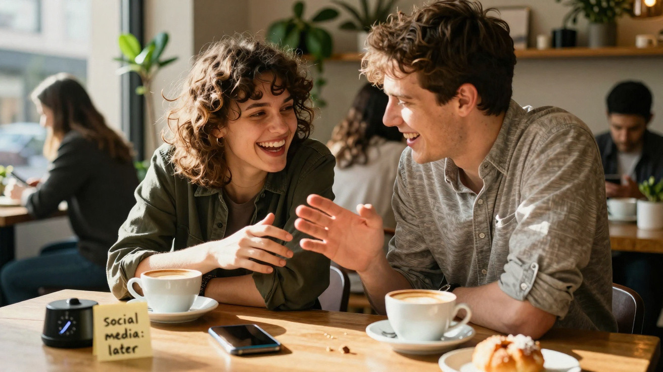 Casal jovem a conversar sorridente numa cafetaria com duas chávenas de café e telemóvel na mesa.