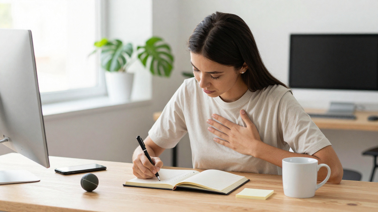 Mulher sentada a escrever no caderno com uma mão no peito, num ambiente de escritório com computador e caneca.