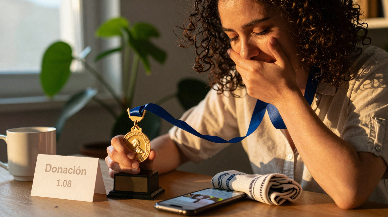 Mulher emocionada segura medalha dourada junto a cartão de doação e telemóvel numa mesa.