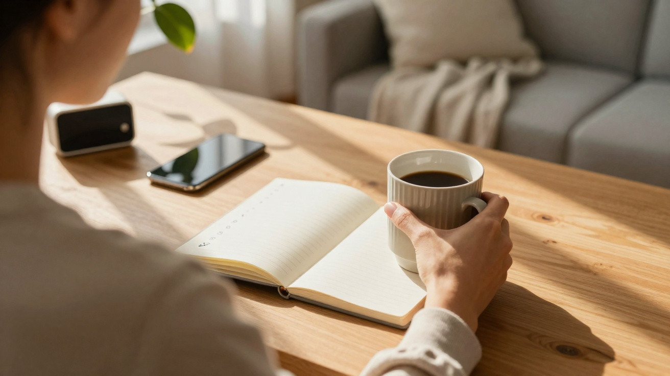 Pessoa a segurar chávena de café, sentado à mesa com caderno aberto e smartphone ao lado, em ambiente acolhedor.