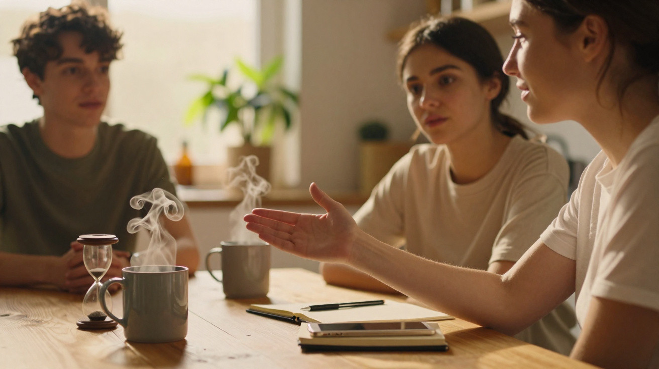 Três jovens sentados à mesa com chá quente, conversando num ambiente iluminado e acolhedor.