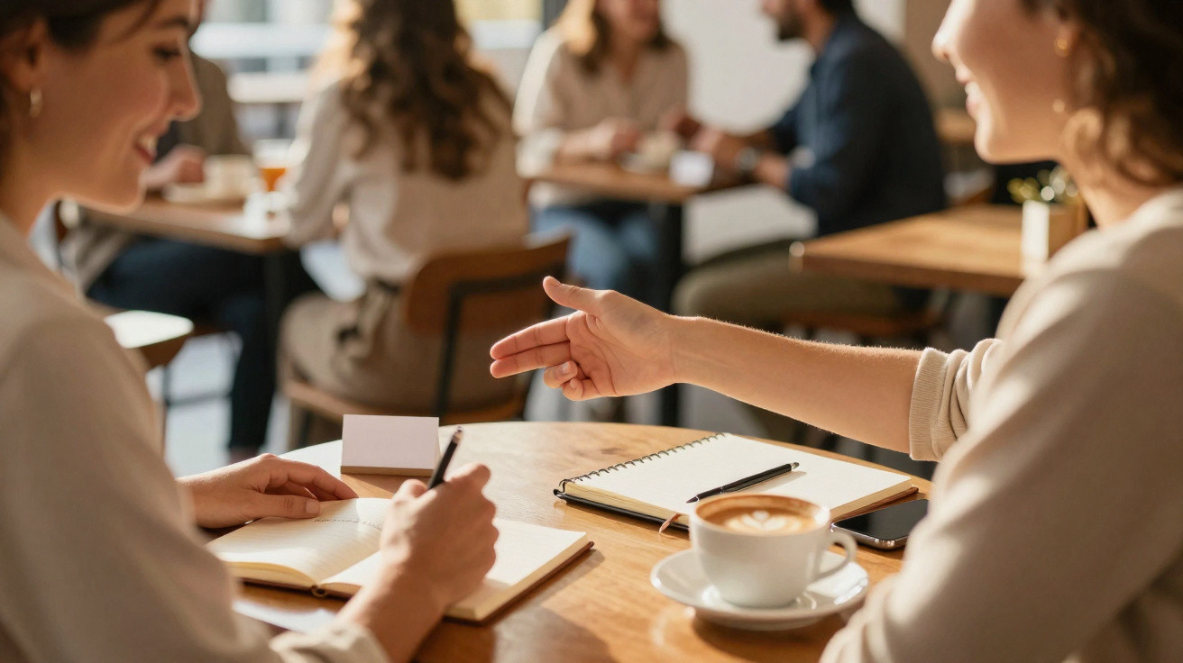 Duas mulheres numa mesa de café, uma escrevendo num caderno enquanto a outra gesticula, ambiente animado.