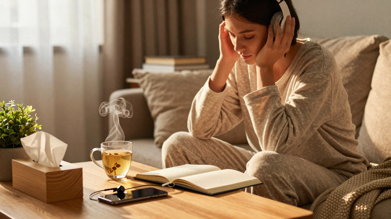 Mulher sentada no sofá a ouvir música com auscultadores, lendo um livro, chá quente e telemóvel na mesa.