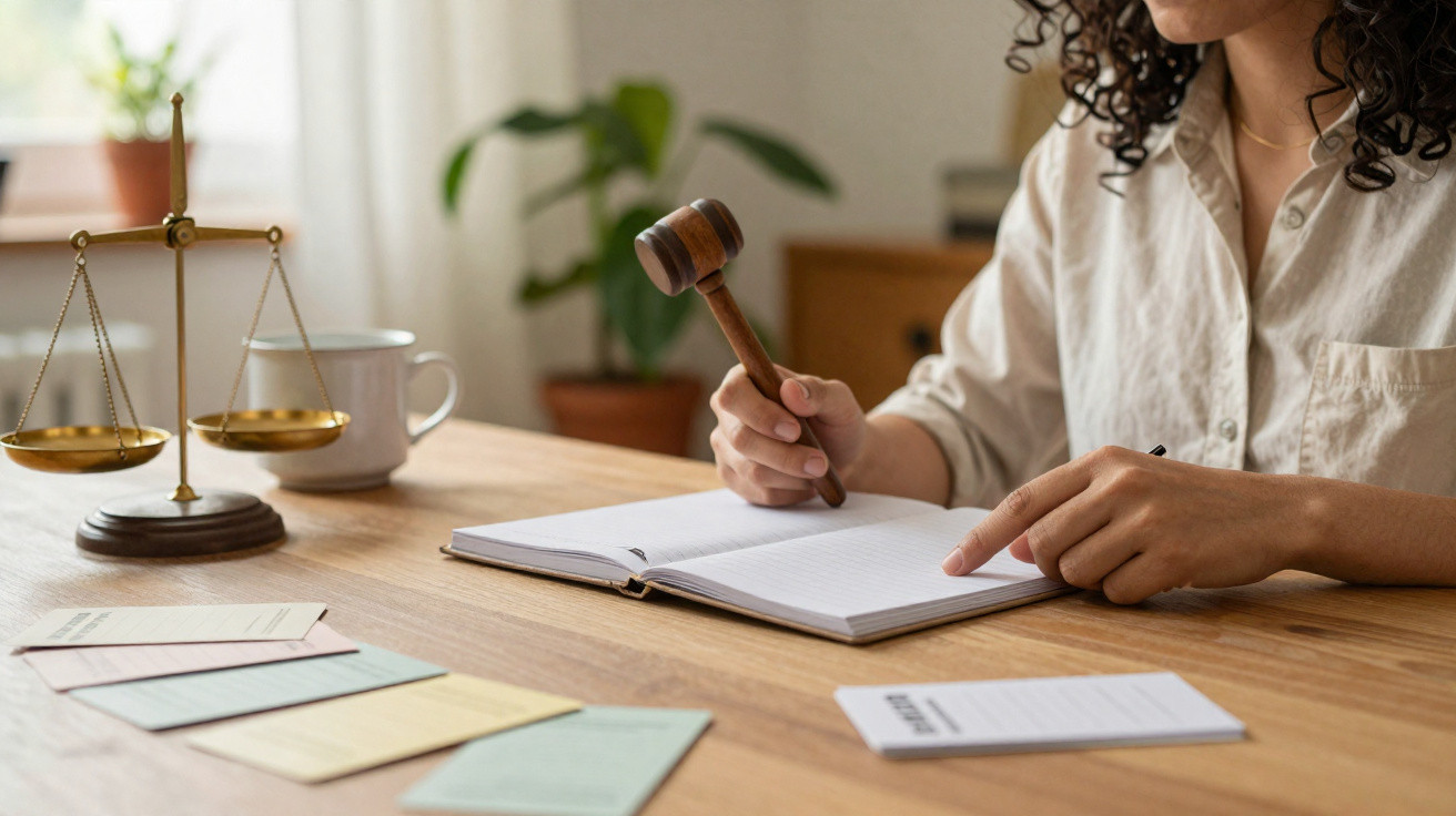 Pessoa com um martelo de juiz escrita numa agenda, com balança dourada e documentos numa mesa de madeira.