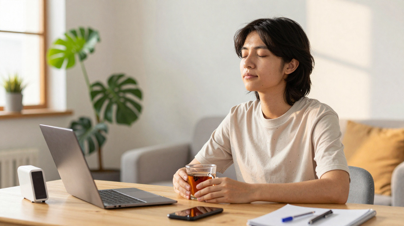 Pessoa sentada a relaxar com chá junto ao computador portátil numa mesa de madeira.