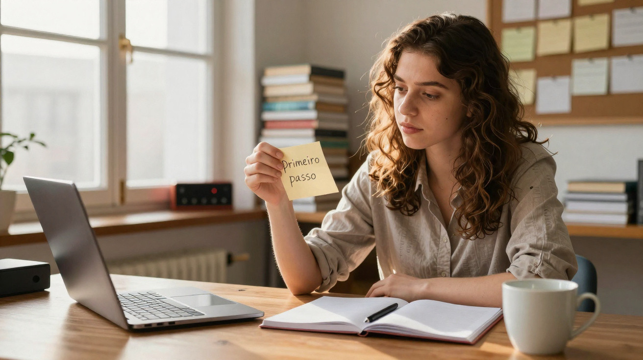 Mulher sentada à mesa com portátil, a segurar um post-it onde está escrito "Primeiro Passo".