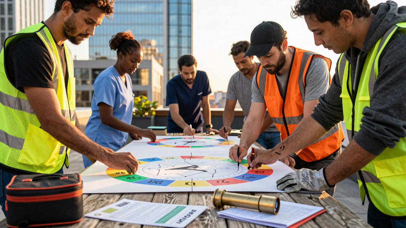 Grupo multicultural de profissionais em outdoor a trabalhar juntos num projeto colorido sobre uma mesa de madeira.