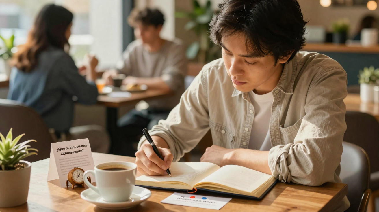 Jovem a estudar e escrever num caderno numa cafetaria, com chávena de café e planta na mesa.