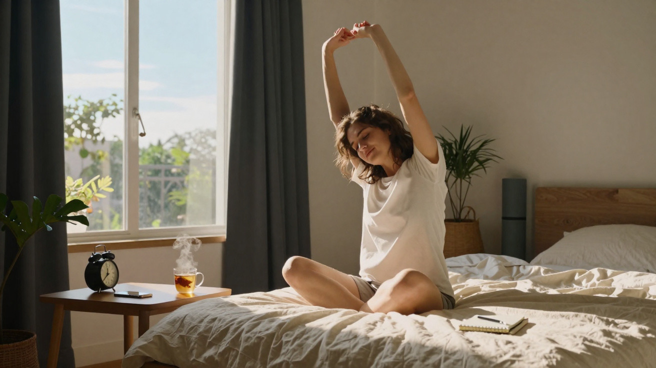 Mulher sentada na cama a espreguiçar-se numa manhã ensolarada, com chá quente numa mesa ao lado.
