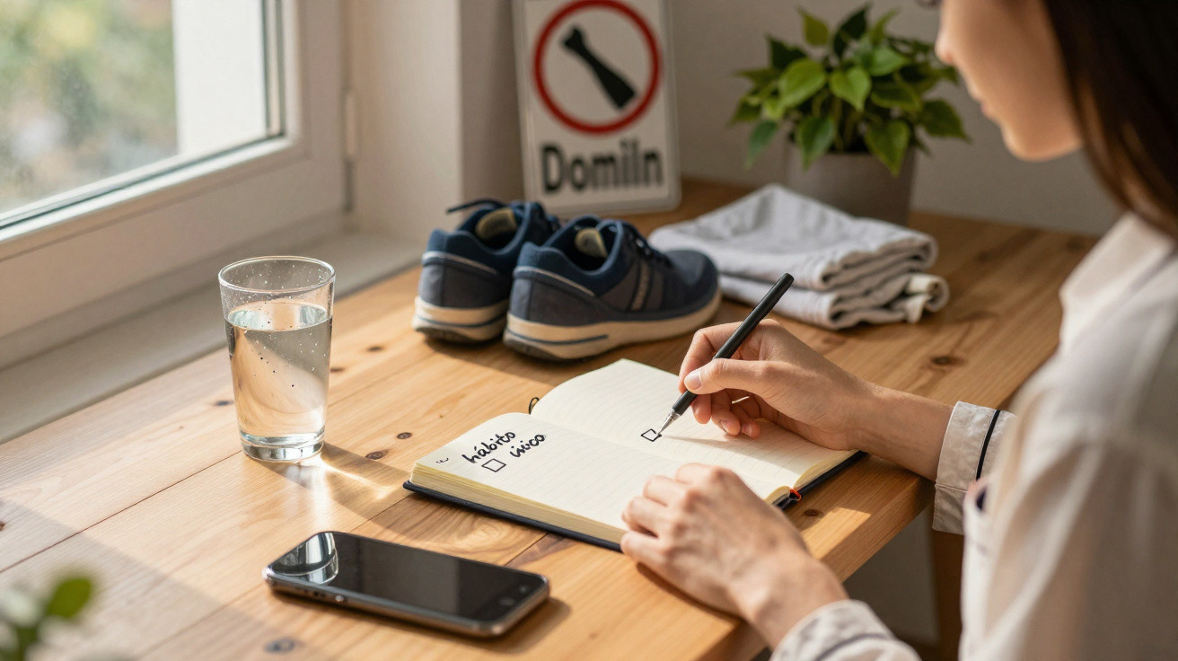 Pessoa a escrever num caderno numa mesa de madeira com copo de água, telemóvel, ténis e sinal de proibição ao fundo.