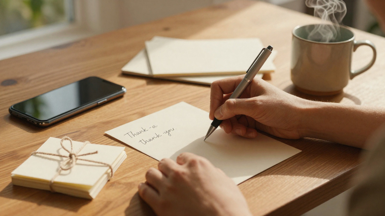Pessoa a escrever um cartão de agradecimento numa mesa com telemóvel, envelopes e chá quente.
