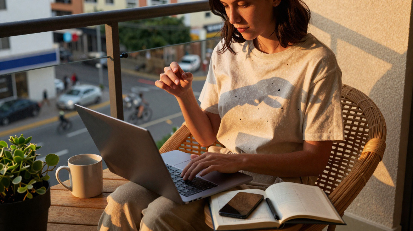 Mulher sentada na varanda ao pôr do sol a trabalhar num portátil com caderno, telemóvel, caneca e planta ao lado.
