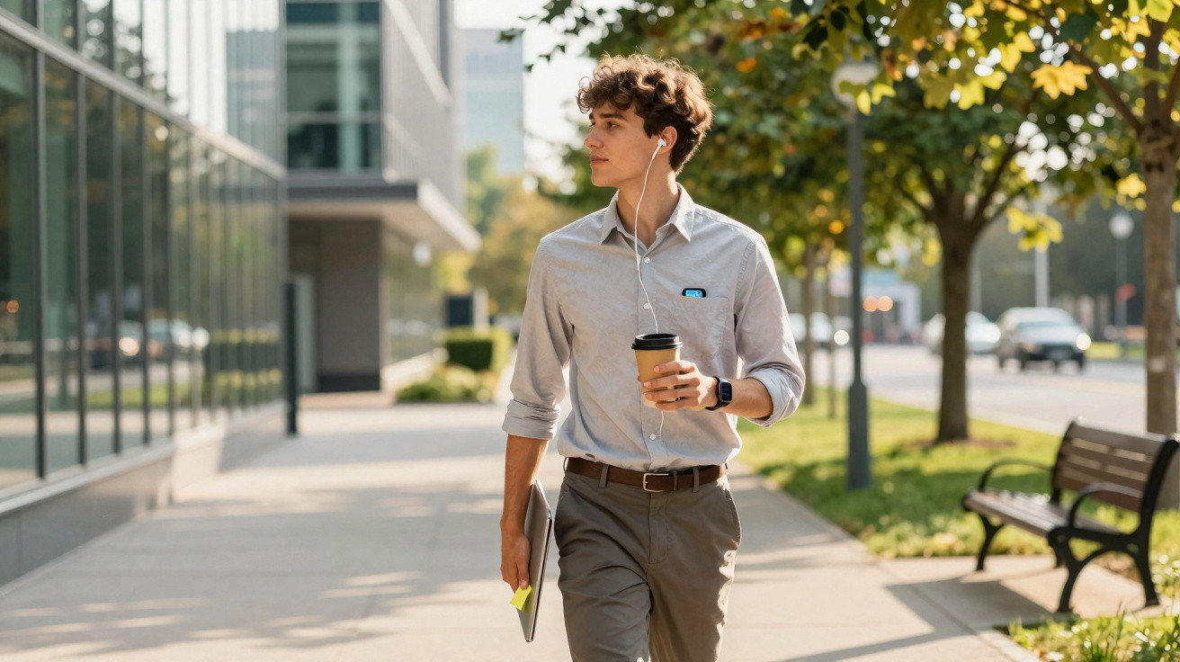 Homem jovem a caminhar na rua com roupa formal, a ouvir música e a segurar um café para viagem.