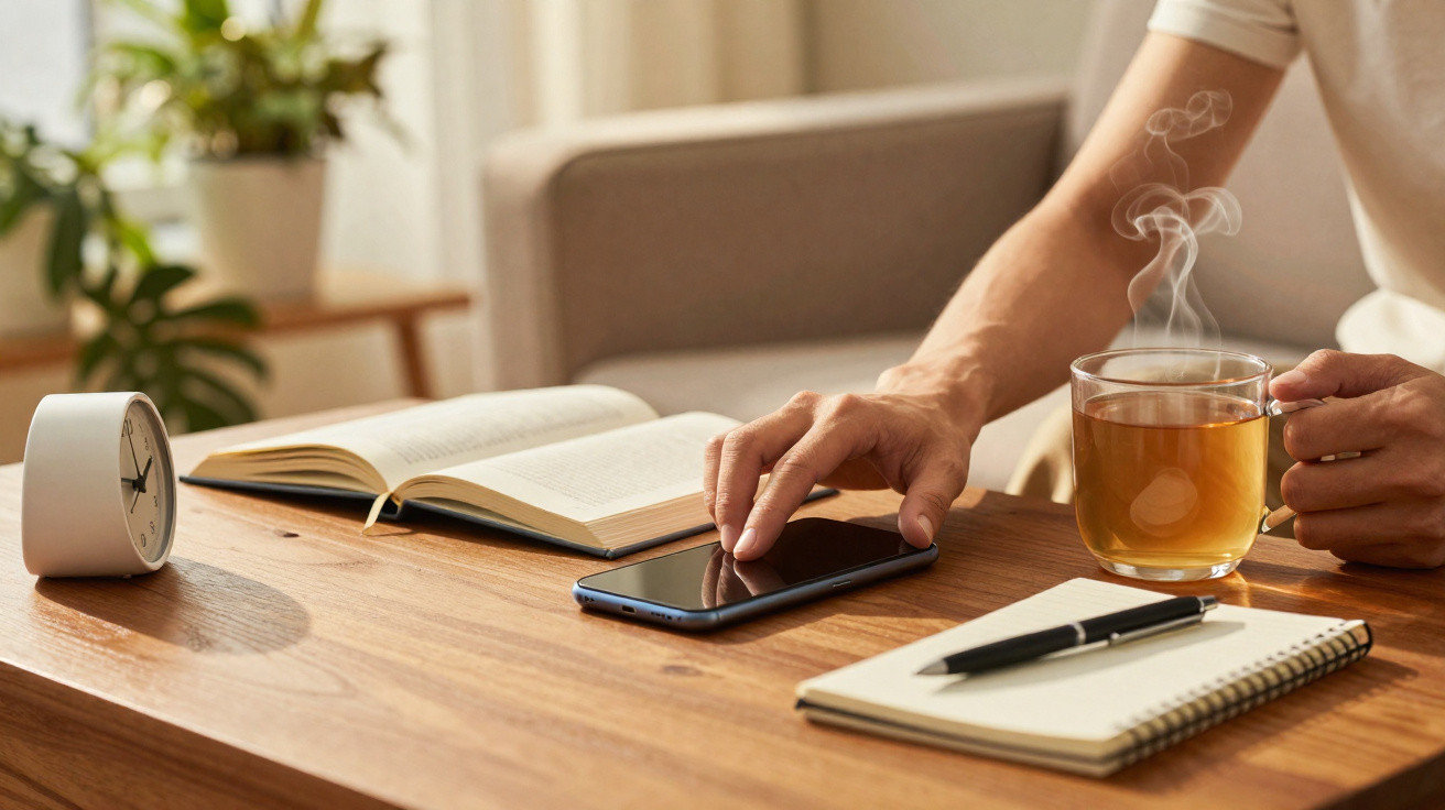 Pessoa a segurar chá quente com uma mão e usar telemóvel com a outra numa mesa com livro aberto e caderno.