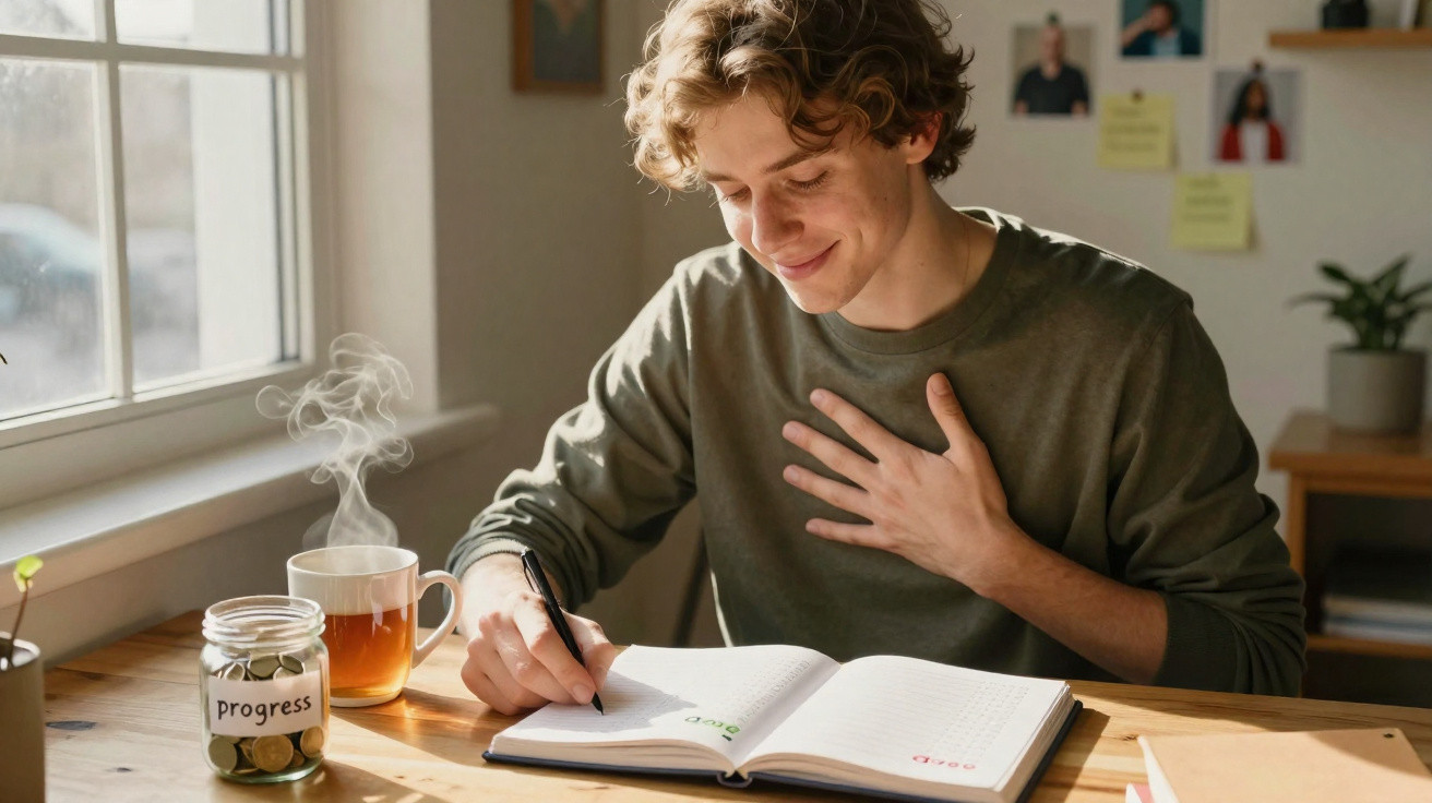 Jovem escrevendo num caderno, sorrindo, junto a um frasco com moedas e chá fumegante numa mesa iluminada.