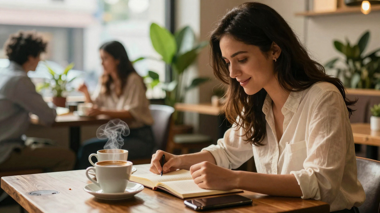Mulher sentada a escrever num caderno num café, com duas chávenas de café fumegante na mesa.