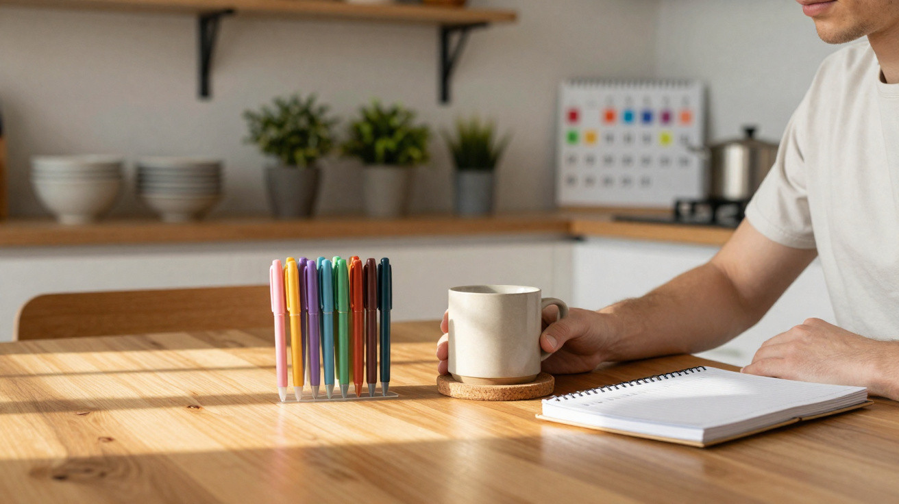 Pessoa segurando uma caneca junto a um caderno aberto e canetas coloridas sobre uma mesa de madeira.
