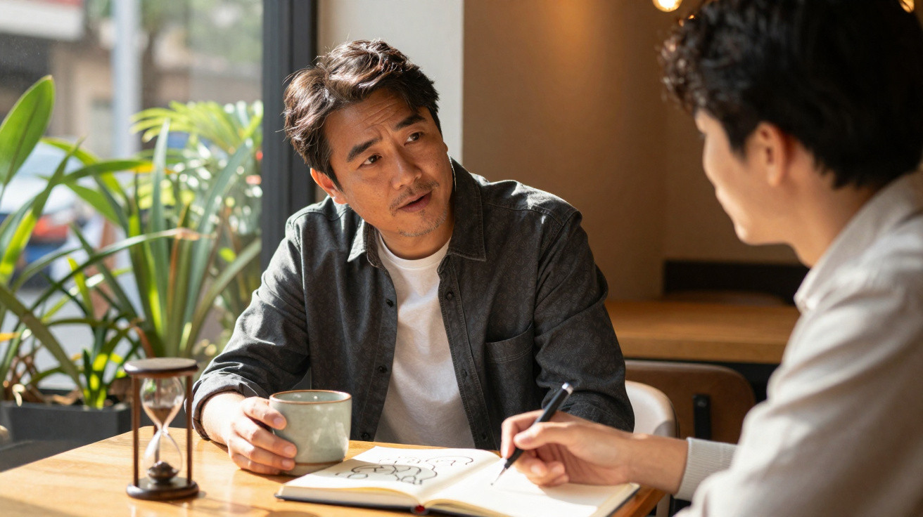 Dois homens sentados à mesa, um com chá na mão e o outro a desenhar num caderno, num ambiente acolhedor.