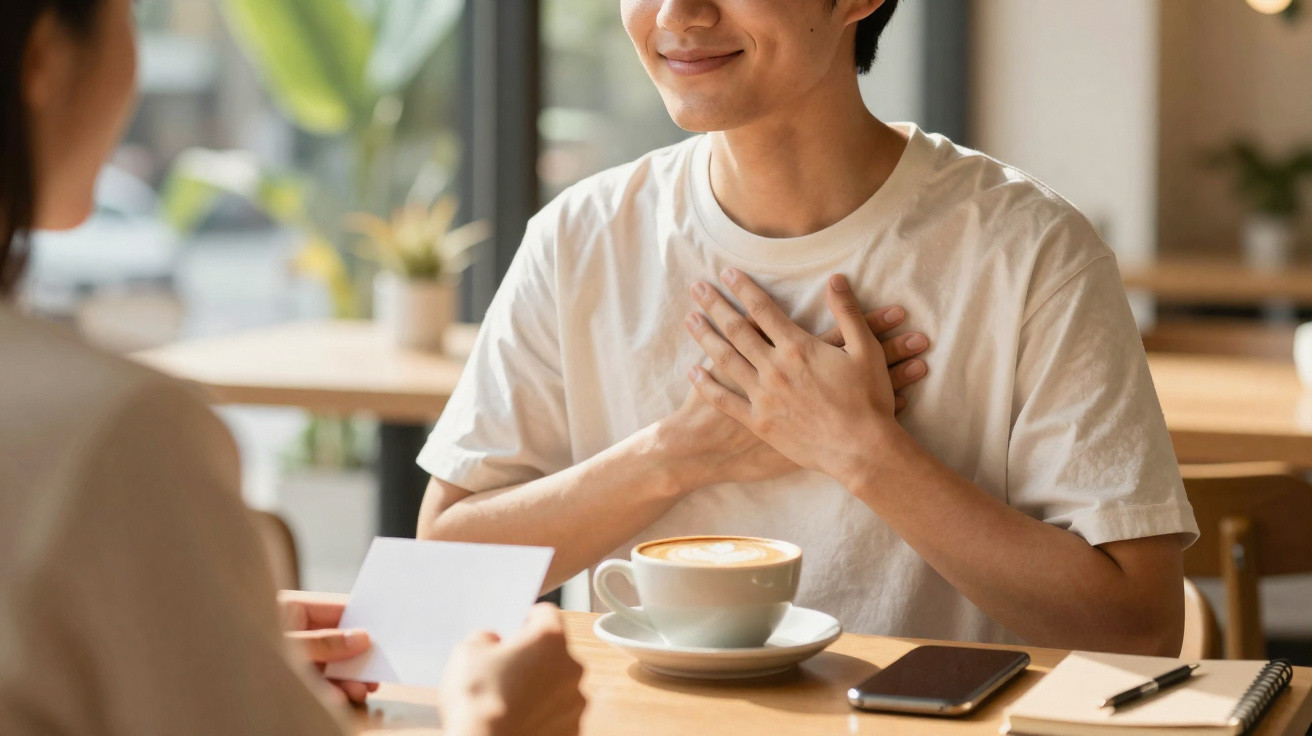 Pessoa sorridente a agradecer com as mãos no peito durante conversa numa cafetaria com café na mesa.