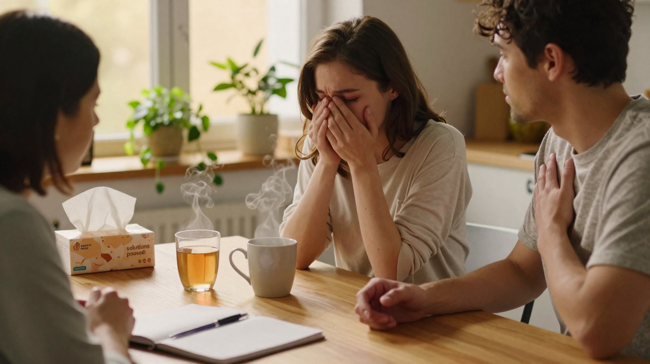 Mulher a chorar com as mãos no rosto, sentada à mesa com duas pessoas a conversar num ambiente acolhedor.