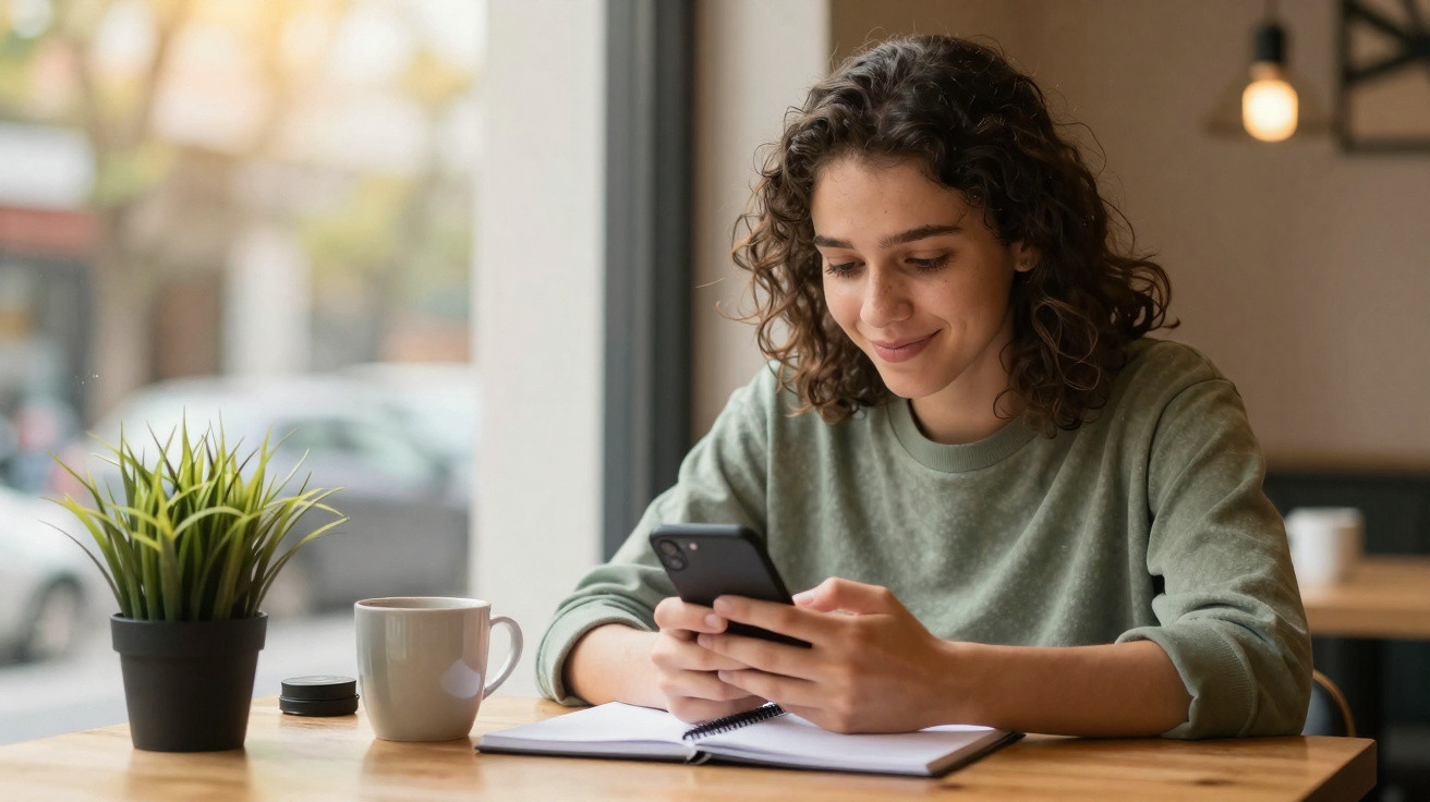 Jovem sorridente sentada numa mesa a usar o telemóvel com caderno, chávena e planta junto da janela.