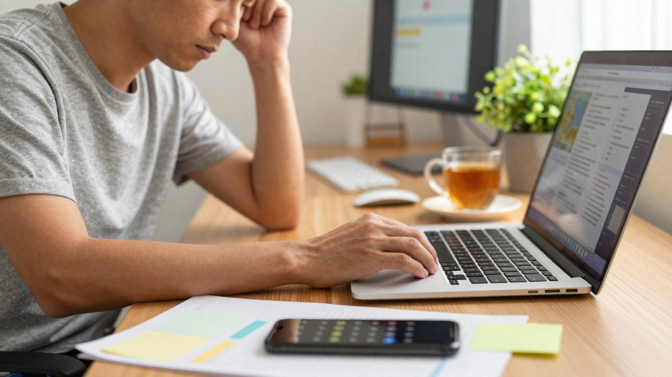 Pessoa a trabalhar num portátil num escritório com documentos, smartphone, chá e planta na mesa.
