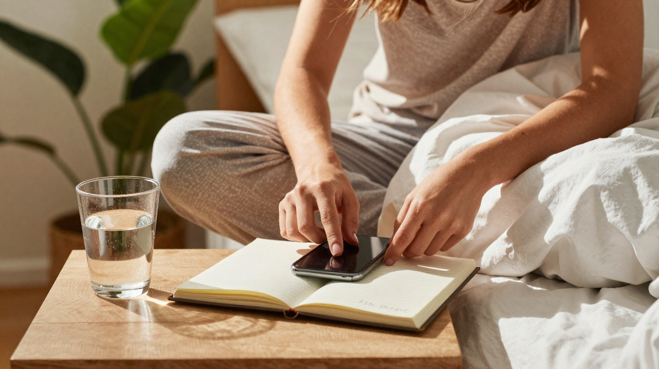 Pessoa sentada na cama, mexendo num telemóvel colocado sobre um caderno aberto numa mesa de cabeceira.