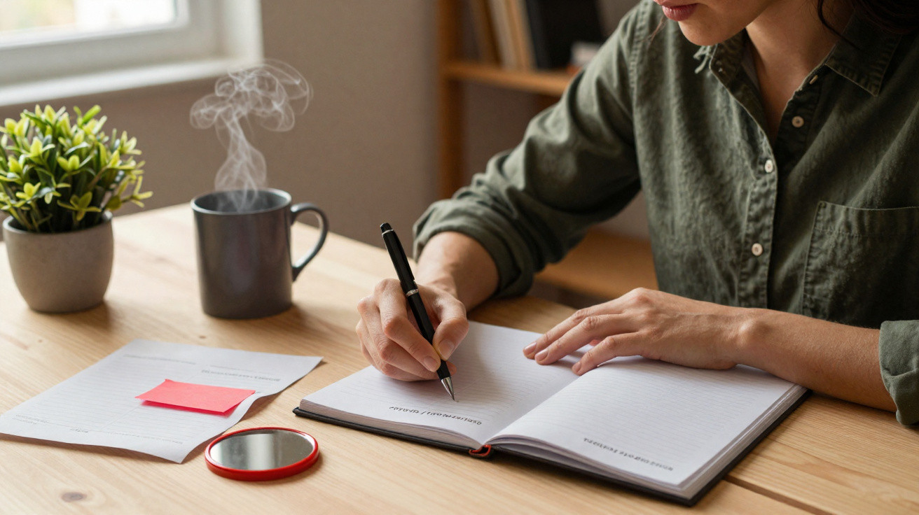 Pessoa a escrever num caderno numa secretária com uma caneca quente, planta e papéis.