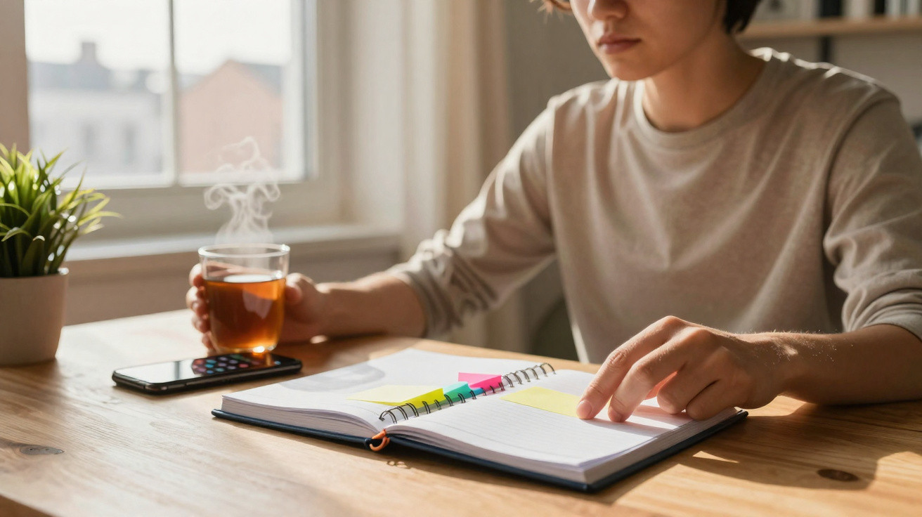 Pessoa sentada à mesa com chá quente, smartphone e caderno aberto a estudar ou trabalhar.