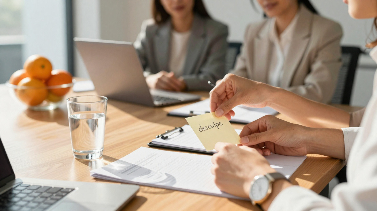 Mãos a segurar papel amarelo com palavra desculpe durante reunião com três pessoas sentadas à mesa.
