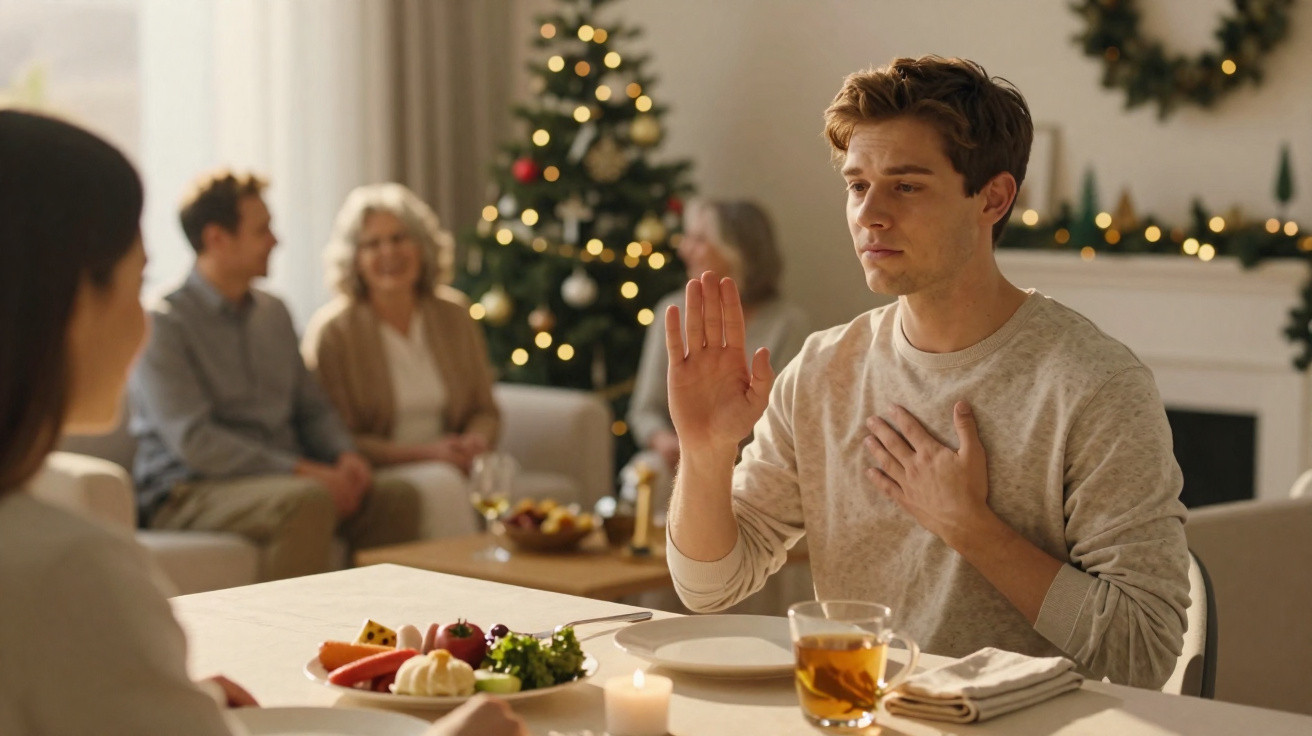 Jovem recusa comida durante jantar de Natal em família com árvore e decoração festiva ao fundo.