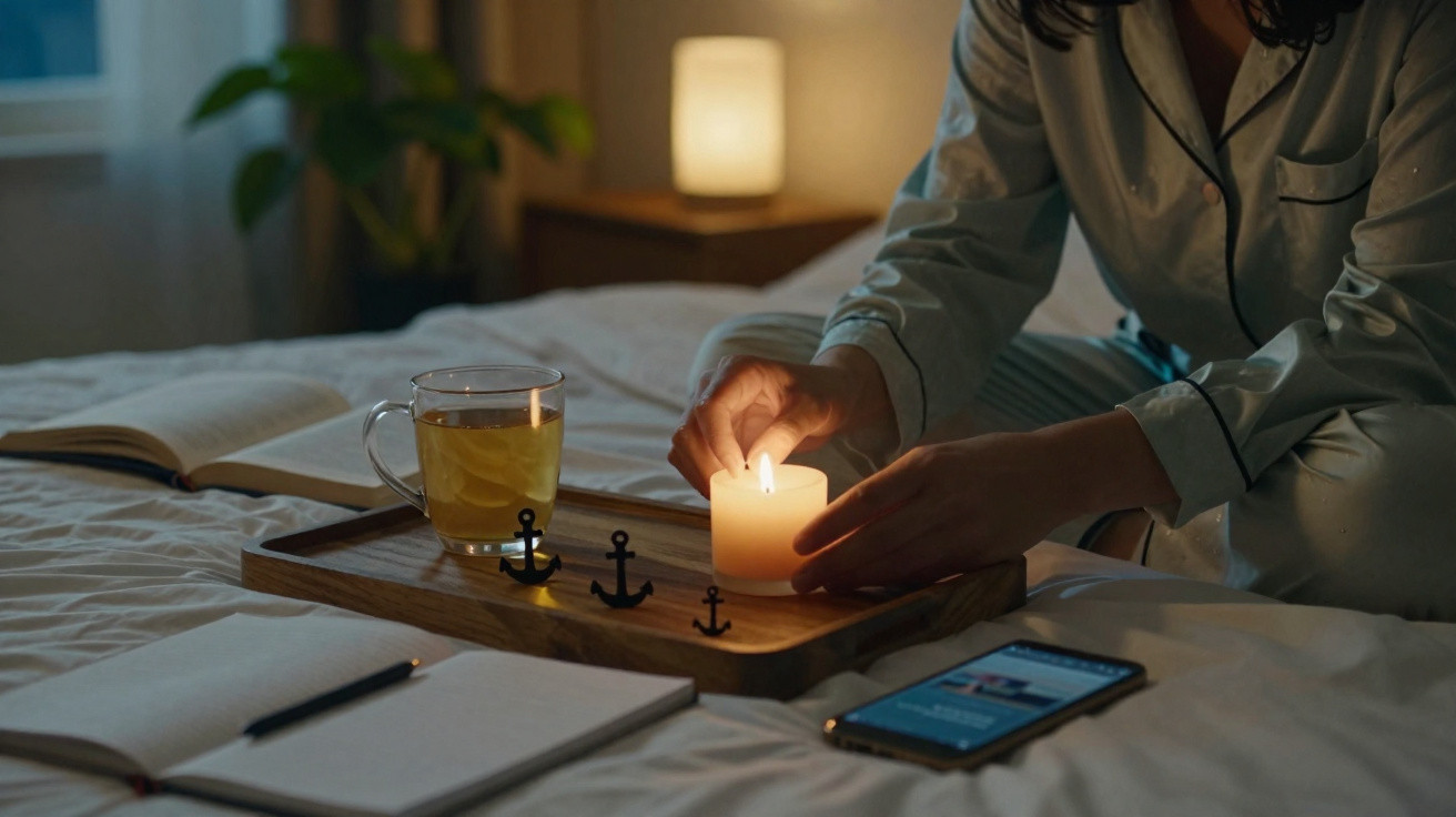 Pessoa a acender vela num tabuleiro com chá, ao lado de livros e telemóvel numa cama, à noite.