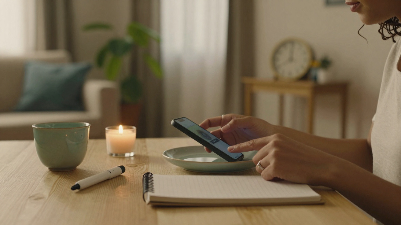 Pessoa a utilizar smartphone numa mesa com caderno, caneta, chávena e vela acesa, em ambiente acolhedor.