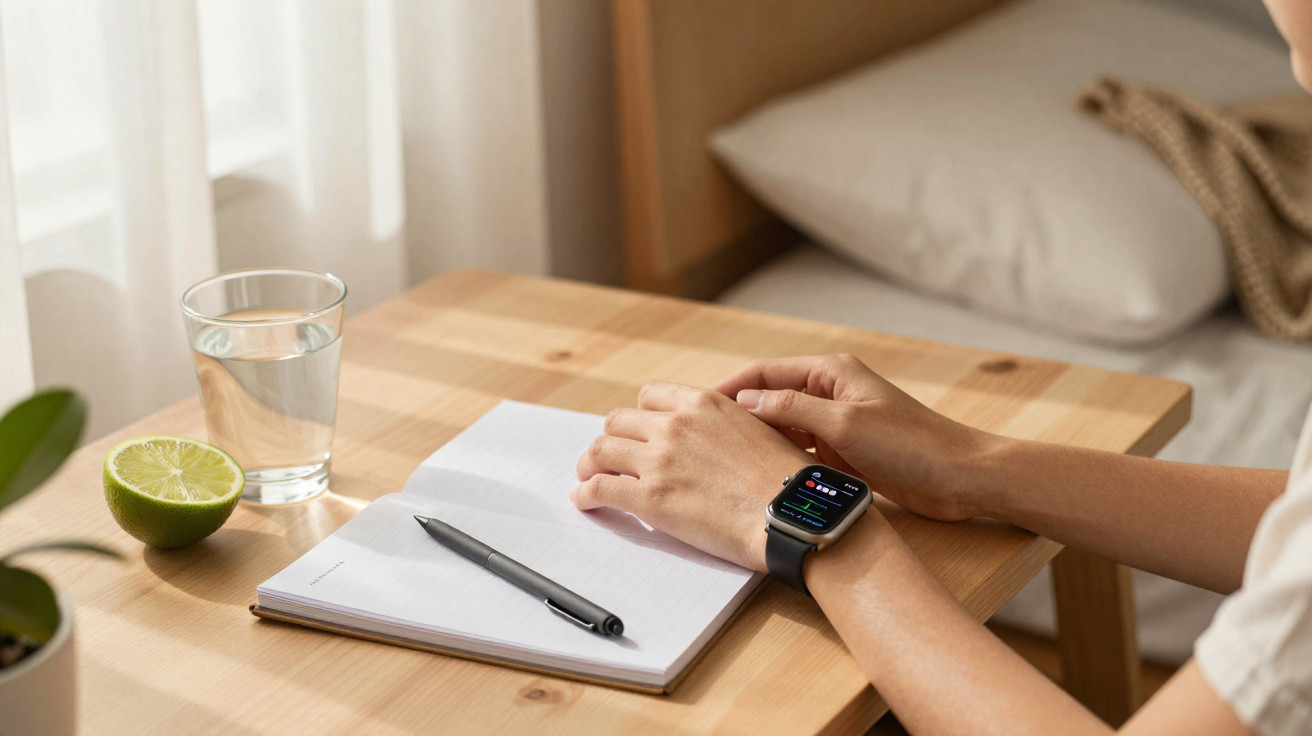 Pessoa sentada numa mesa de madeira com caderno aberto, caneta, smartwatch, meio limão e copo de água.