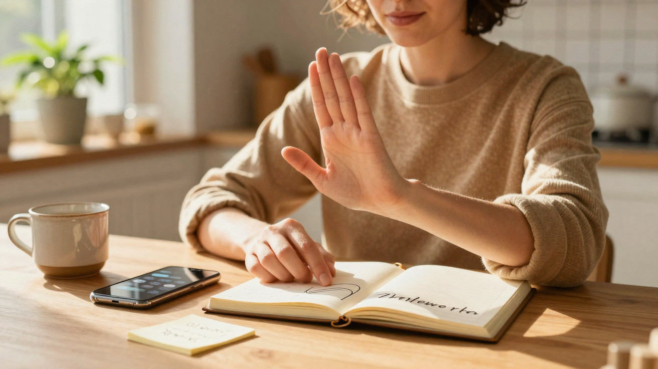 Mulher sentada à mesa a fazer gesto de recusa com a mão, livro aberto e telemóvel sobre a mesa.