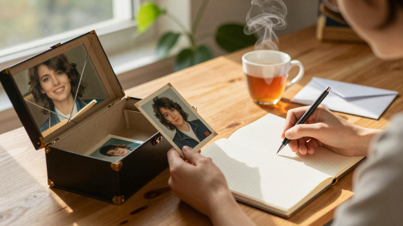 Pessoa escreve carta junto a caixa com fotografias e chá quente sobre mesa de madeira.