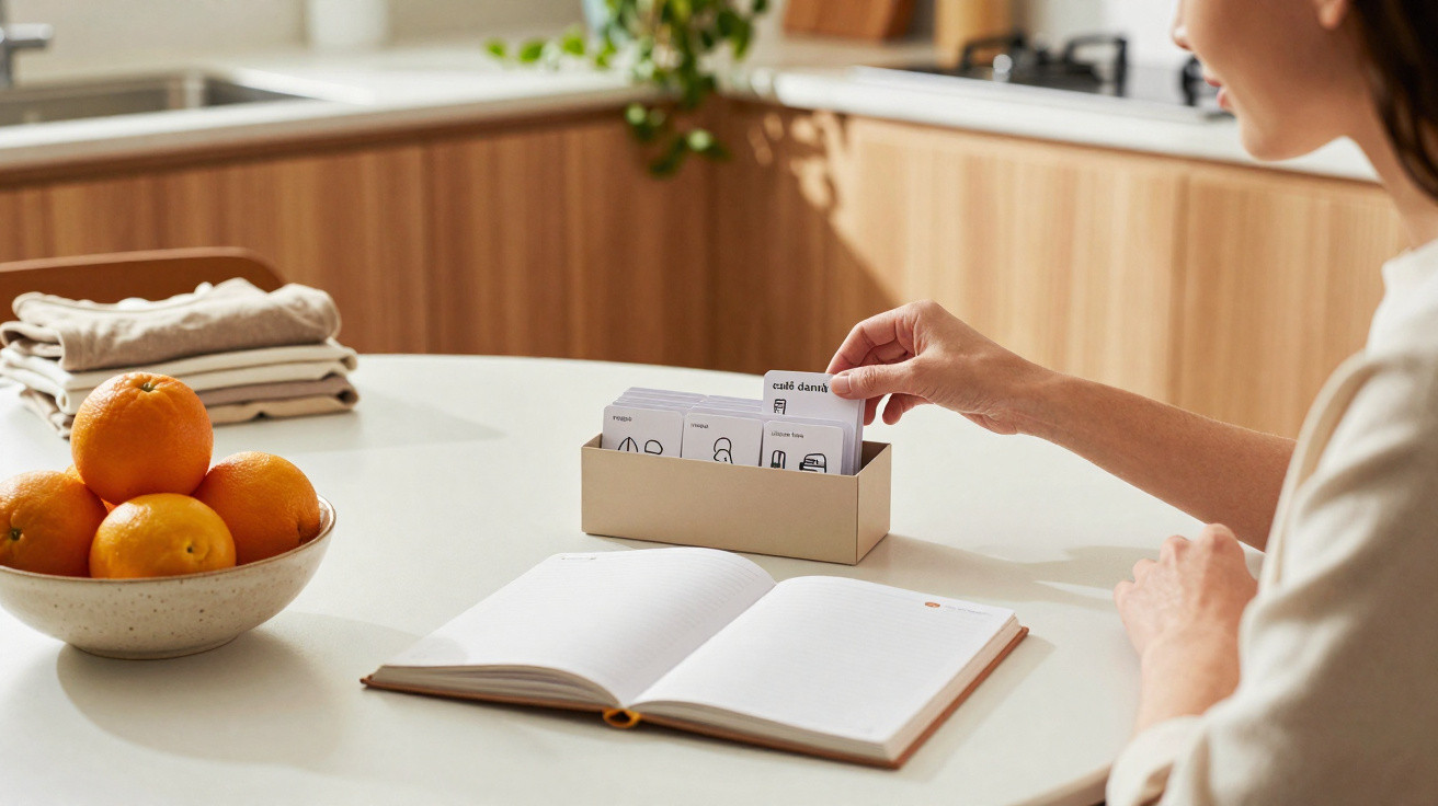 Pessoa a organizar cartas num suporte em forma de caixa sobre uma mesa branca com caderno aberto e tigela de laranjas.