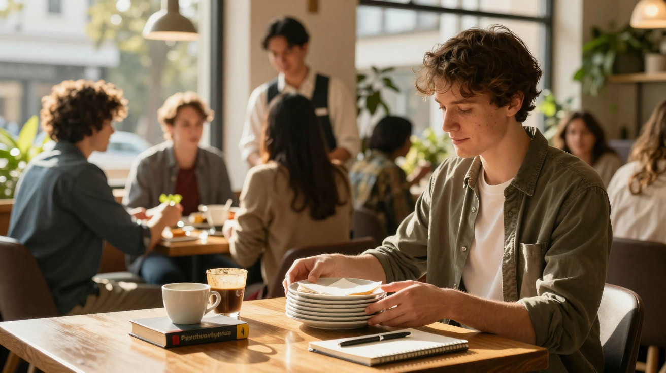 Jovem arrumando pratos numa mesa de café, com livro, caderno e café, ambiente agradável e pessoas ao fundo.