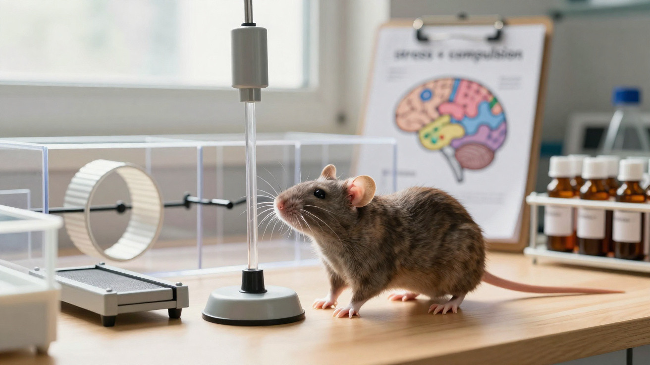Rato cinzento numa mesa de laboratório com equipamento de teste e gráfico do cérebro ao fundo.