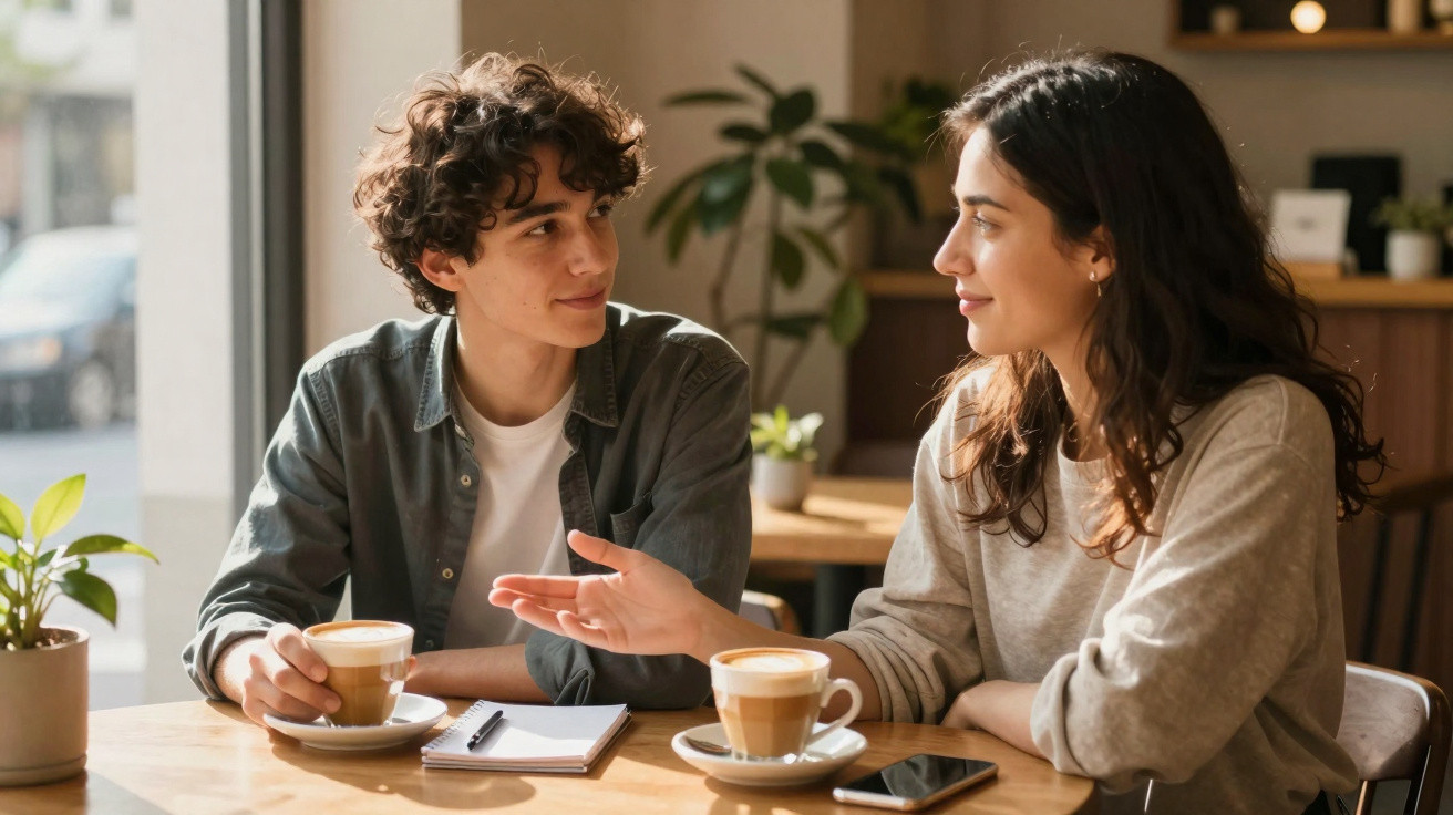 Duas pessoas sentadas num café, a conversar e a beber café, com uma caderneta e telemóvel na mesa.