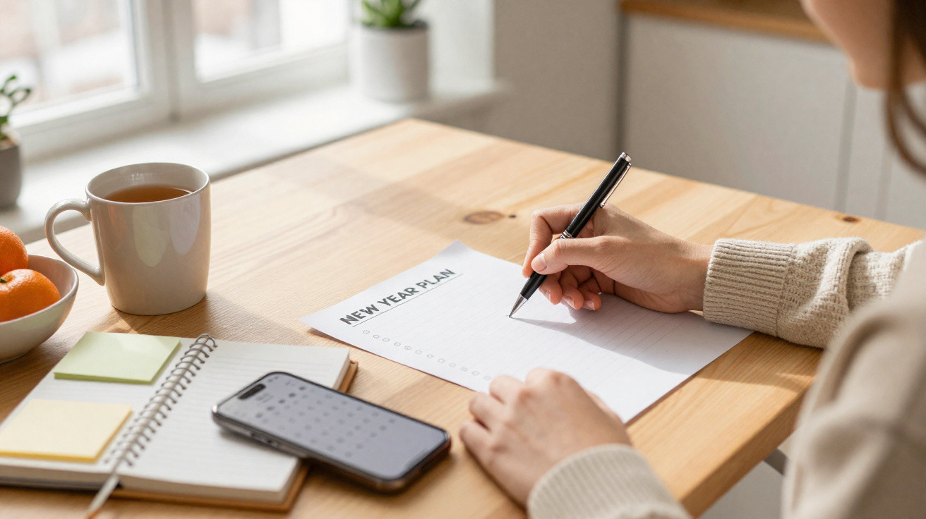 Pessoa a escrever um plano para o novo ano numa folha sobre uma mesa com telemóvel e caderno.