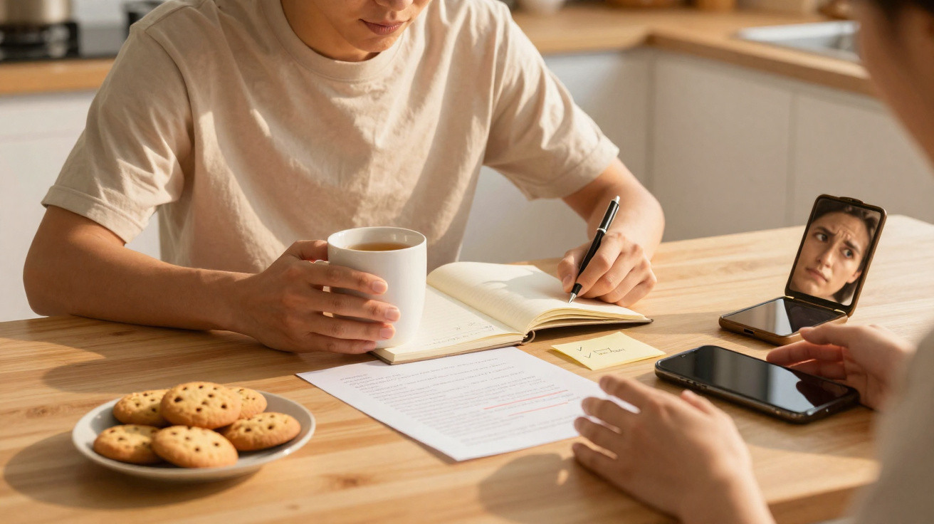 Pessoa a beber chá e escrever num caderno, com telemóvel e espelho com rosto preocupado, e biscoitos na mesa.