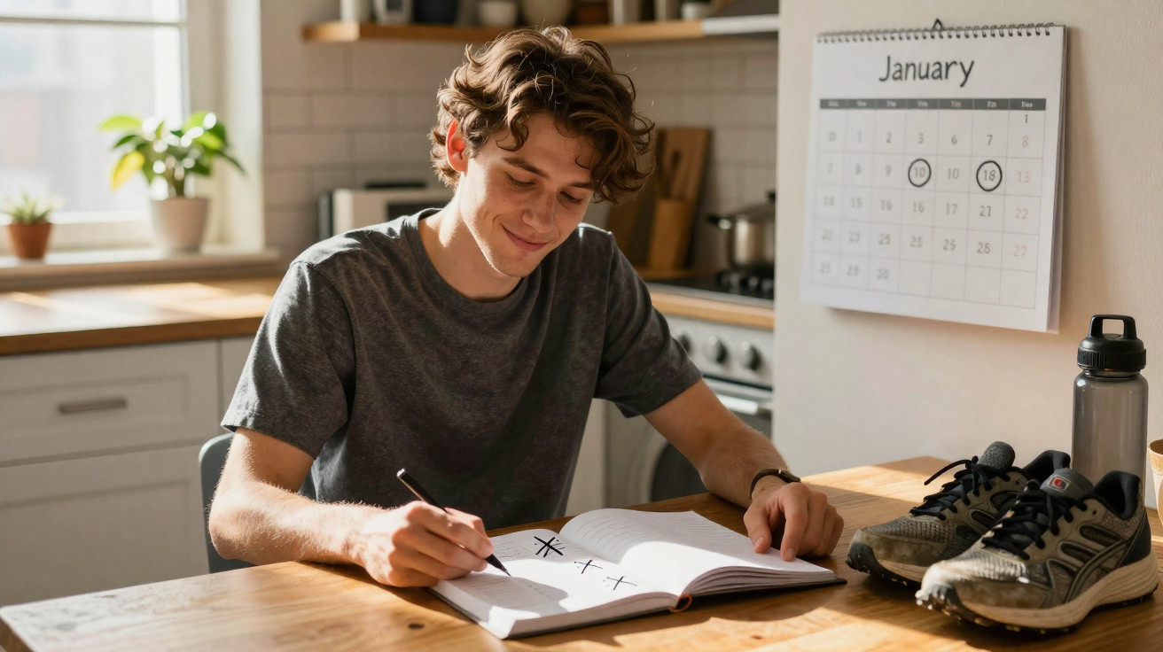 Jovem sentado à mesa numa cozinha, a fazer marcações num caderno, ao lado de ténis e garrafa de água.