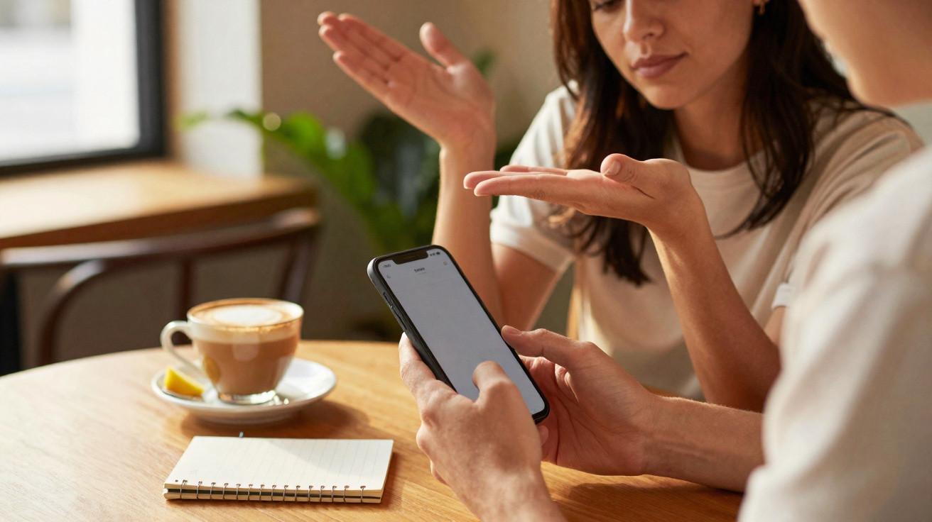 Duas pessoas sentadas à mesa, uma usa telemóvel e a outra gesticula confusa, com café e caderno na mesa.