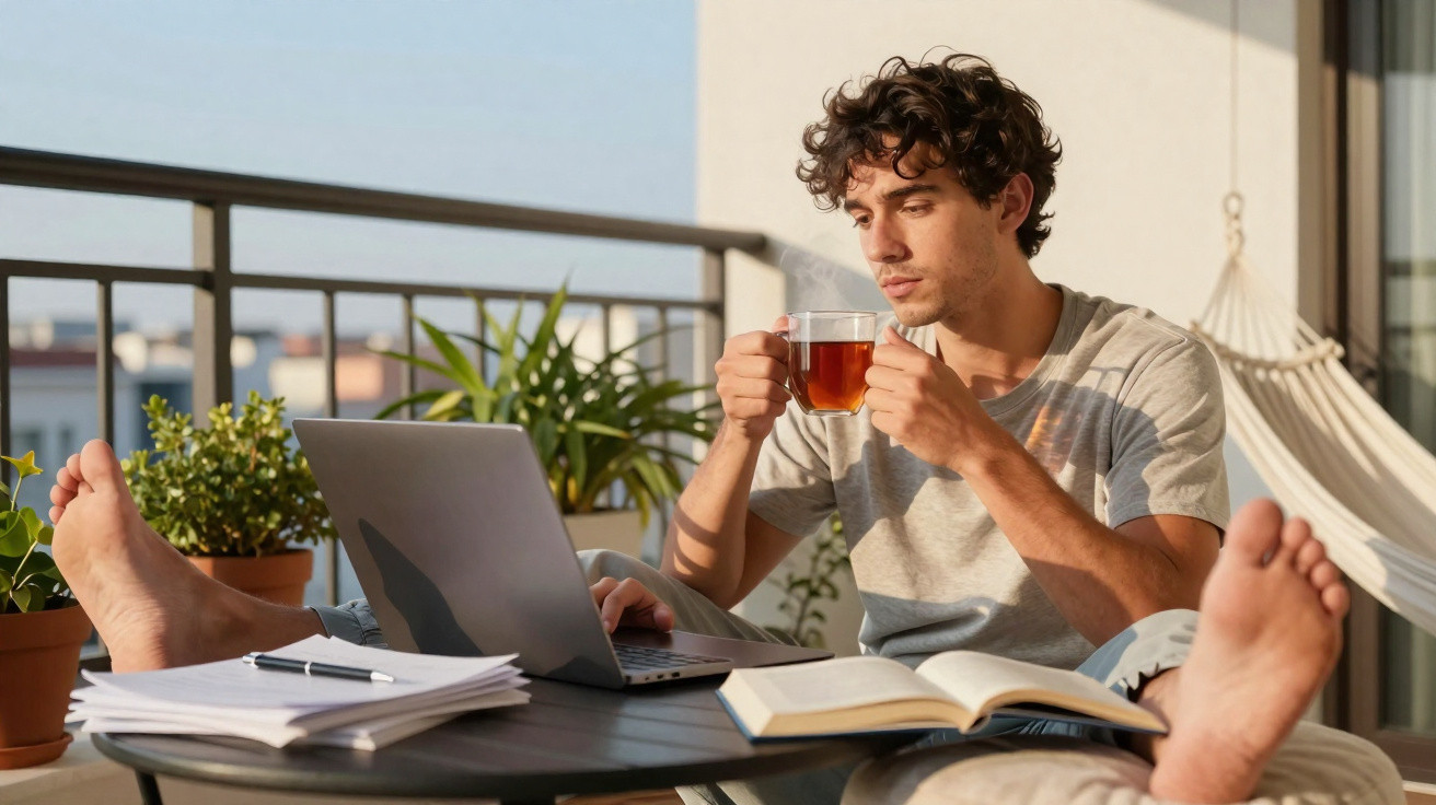 Homem jovem sentado na varanda, a usar portátil e a beber chá, com livros e plantas à volta.