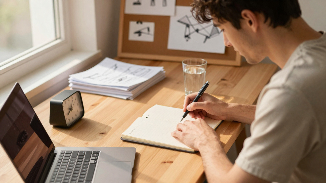 Homem a escrever num caderno numa secretária com computador portátil, relógio e copo de água junto a uma janela.