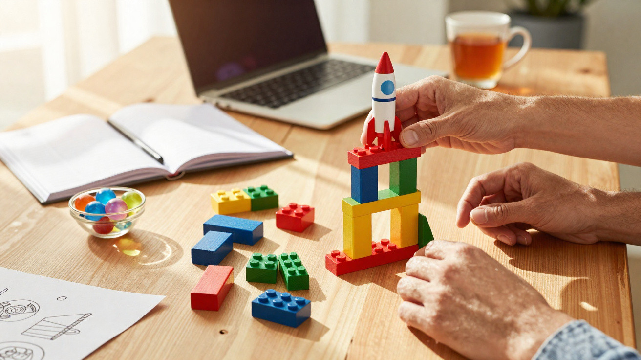 Mãos a montar torre com blocos coloridos e foguete de brinquedo numa mesa com computador e caderno.
