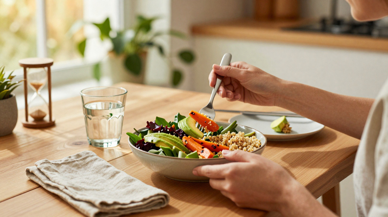 Pessoa a comer salada com abacate, cenoura, legumes e quinoa numa mesa de madeira.